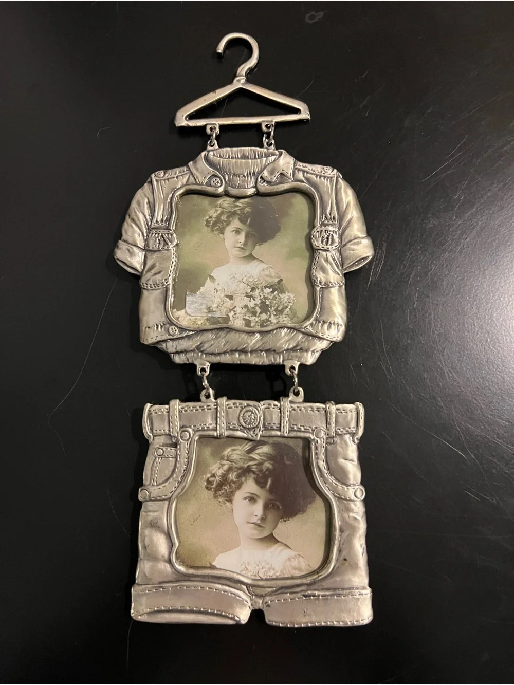 Metal Double Frame Wall Hanging in Silver with Vintage Portraits
